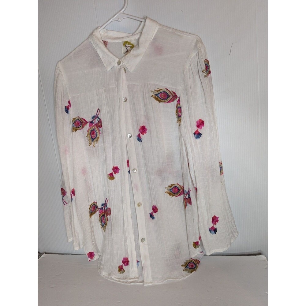 Anthropologie Fig & Flower White Embroidered L Shirt Top Roll Tab Sleeves Boho